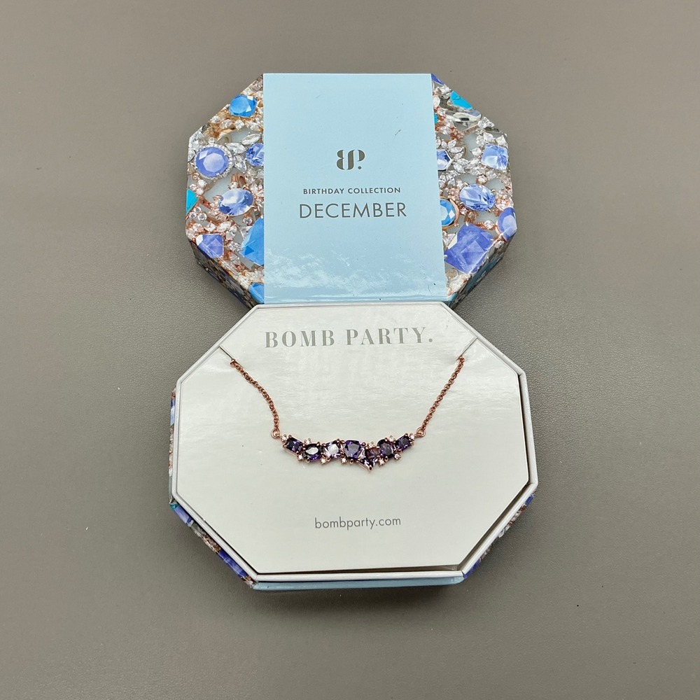 Bomb Party Necklace Lab Created Tanzanite Rose Gold Statement Bar 18"+2.5"